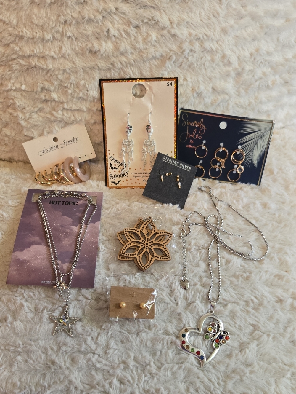 Betsey Johnson Silver Heart Pendant, Star Necklace, Earrings Jewery Bundle
